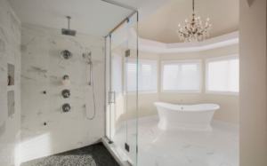 Modern walk-in shower in a Bay Area bathroom renovation service by Century Bay Builders