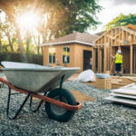 A wooden wheelbarrow is being used to build a house