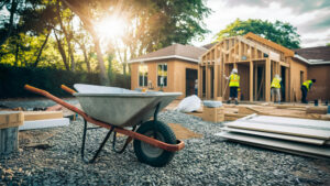 A wooden wheelbarrow is being used to build a house new construction