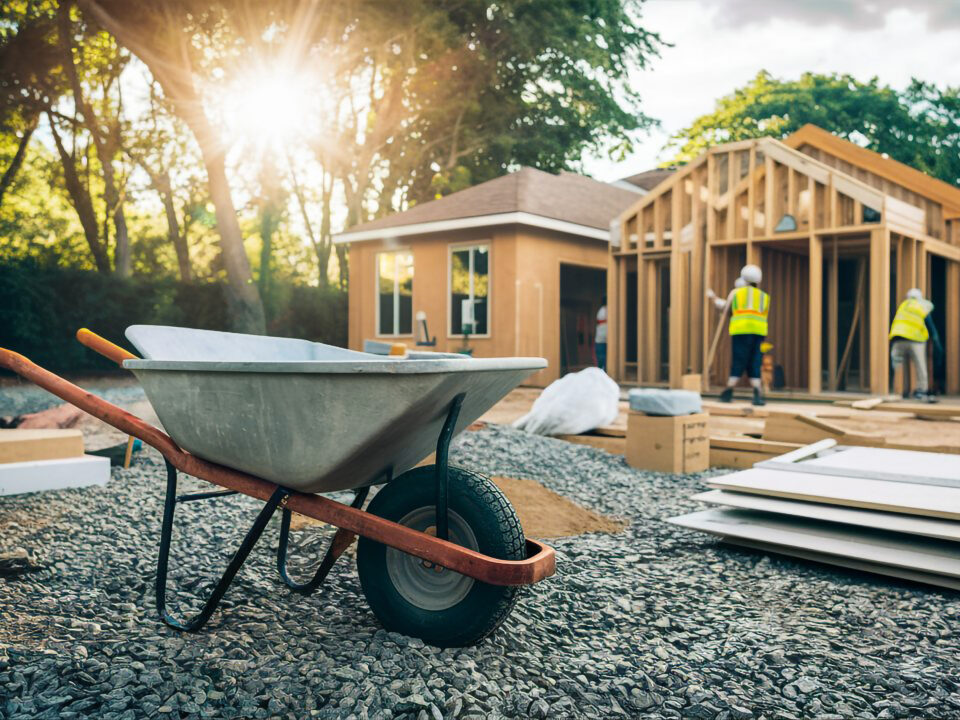 A wooden wheelbarrow is being used to build a house